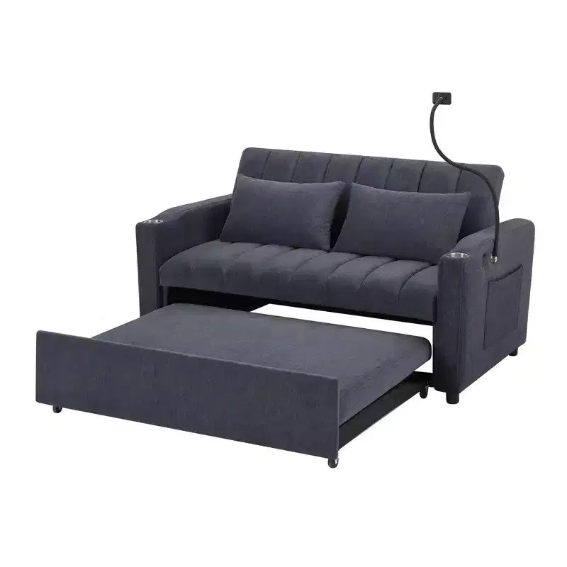 Divano Letto Estraibile con Schienale Regolabile, Chaise Longue Biposto con Porte USB e Portabicchieri