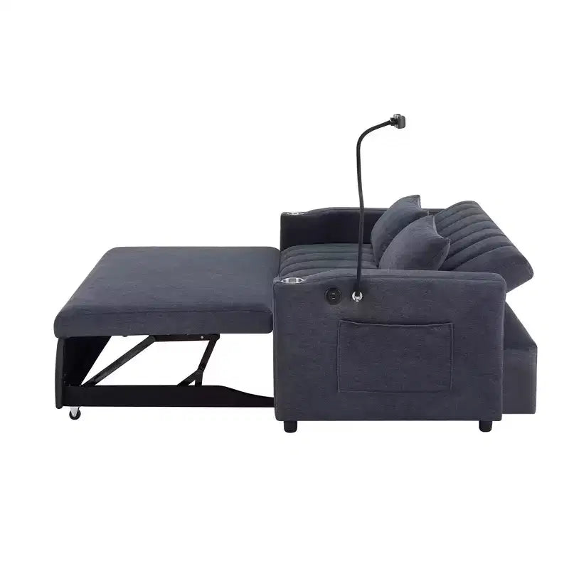 Divano Letto Estraibile con Schienale Regolabile, Chaise Longue Biposto con Porte USB e Portabicchieri