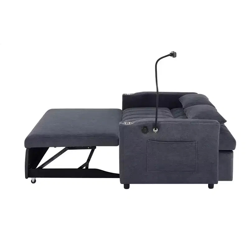 Divano Letto Estraibile con Schienale Regolabile, Chaise Longue Biposto con Porte USB e Portabicchieri