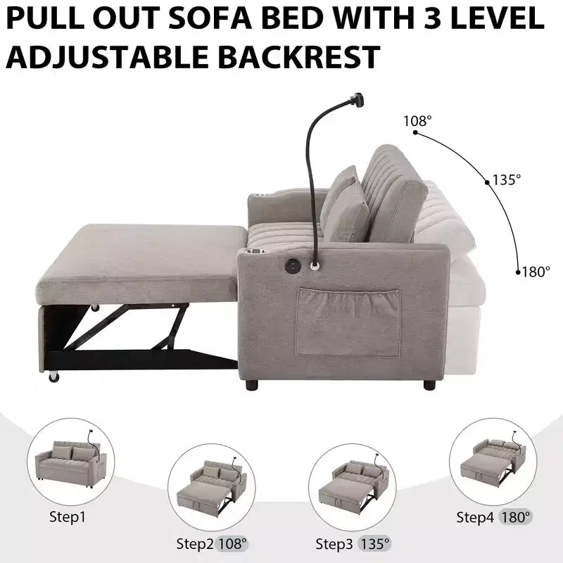 Divano Letto Estraibile con Schienale Regolabile, Chaise Longue Biposto con Porte USB e Portabicchieri