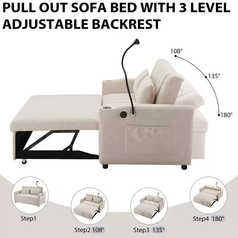 Divano Letto Estraibile con Schienale Regolabile, Chaise Longue Biposto con Porte USB e Portabicchieri