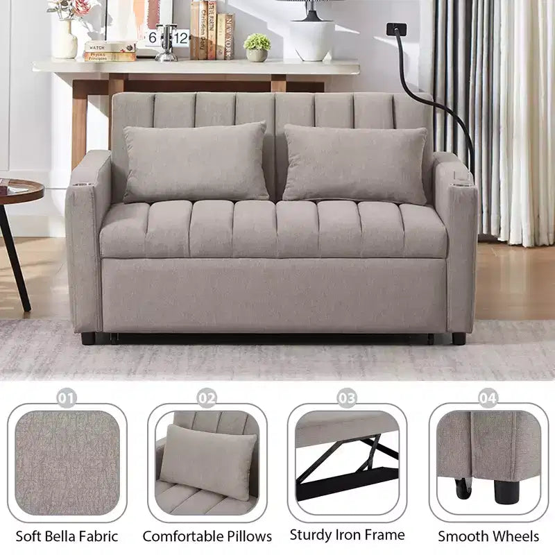 Divano Letto Estraibile con Schienale Regolabile, Chaise Longue Biposto con Porte USB e Portabicchieri
