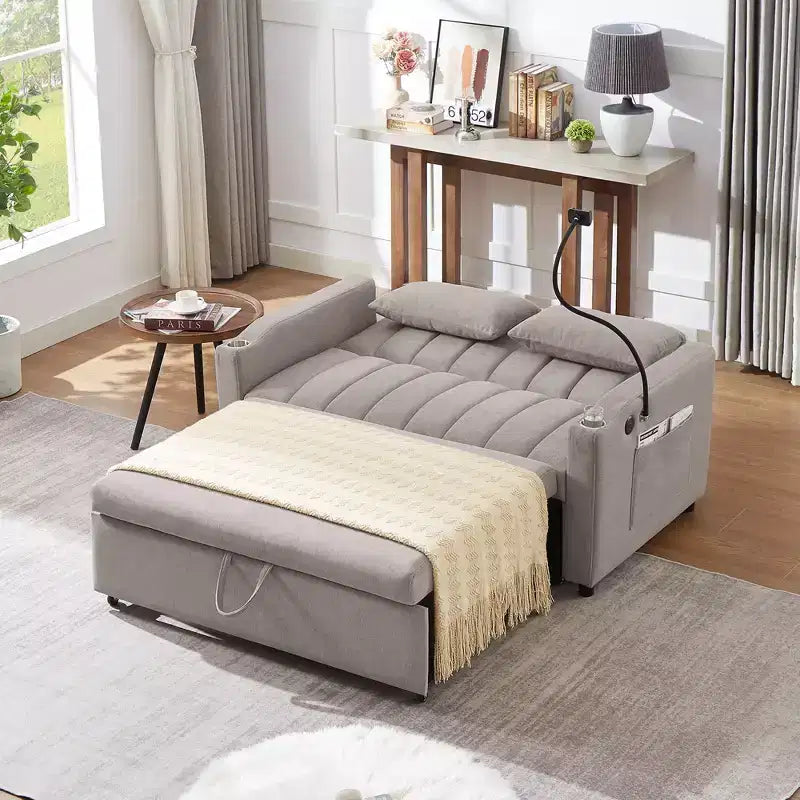 Divano Letto Estraibile con Schienale Regolabile, Chaise Longue Biposto con Porte USB e Portabicchieri