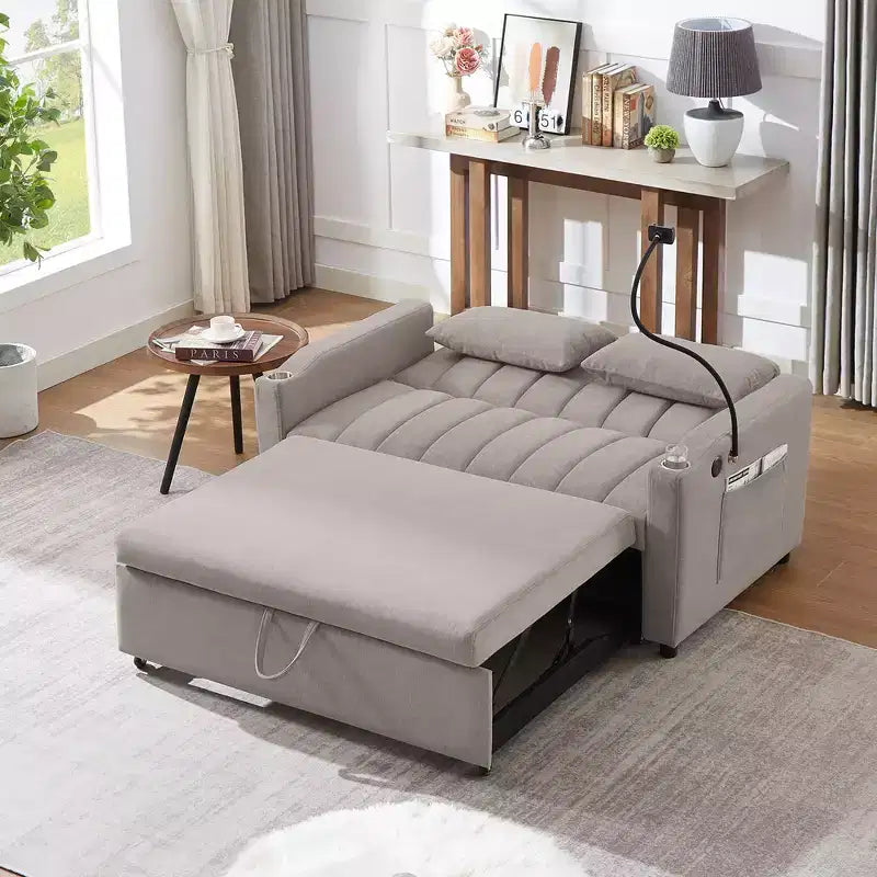 Divano Letto Estraibile con Schienale Regolabile, Chaise Longue Biposto con Porte USB e Portabicchieri