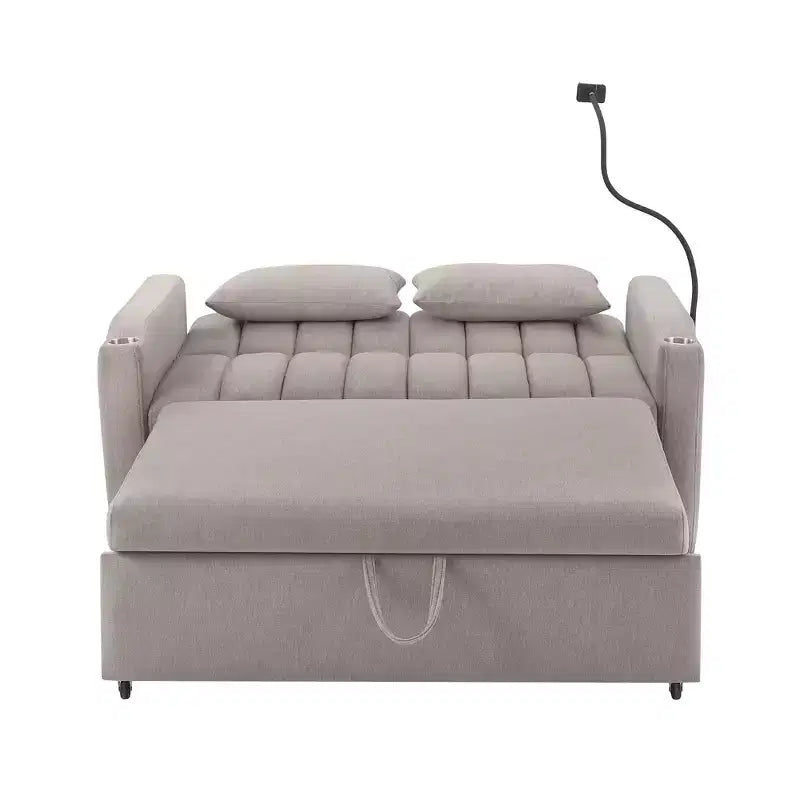 Divano Letto Estraibile con Schienale Regolabile, Chaise Longue Biposto con Porte USB e Portabicchieri