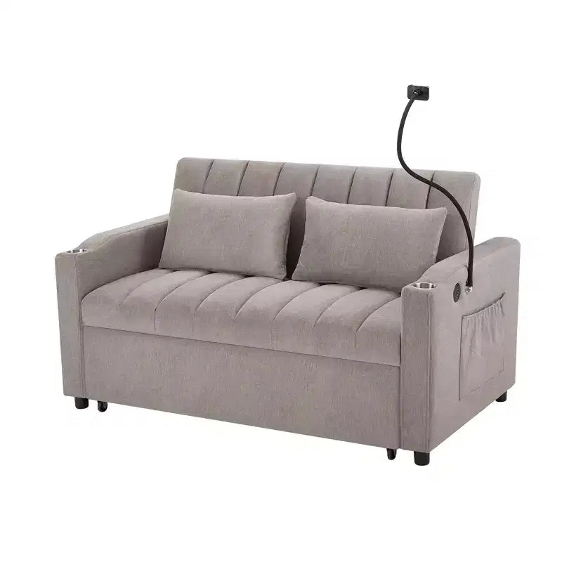 Divano Letto Estraibile con Schienale Regolabile, Chaise Longue Biposto con Porte USB e Portabicchieri