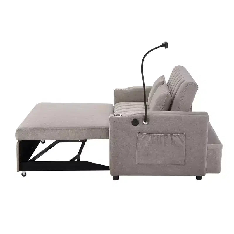 Divano Letto Estraibile con Schienale Regolabile, Chaise Longue Biposto con Porte USB e Portabicchieri