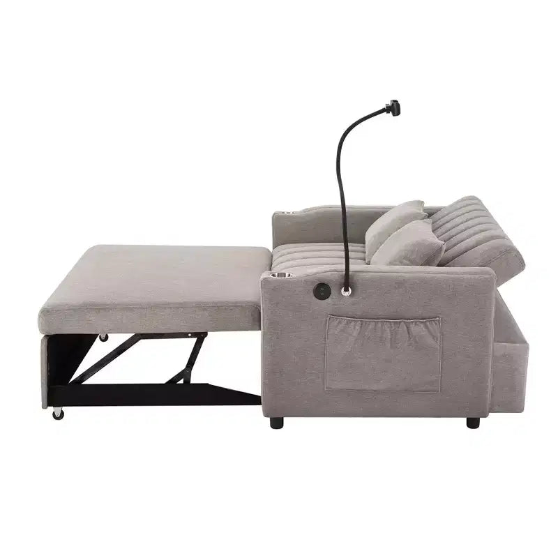 Divano Letto Estraibile con Schienale Regolabile, Chaise Longue Biposto con Porte USB e Portabicchieri