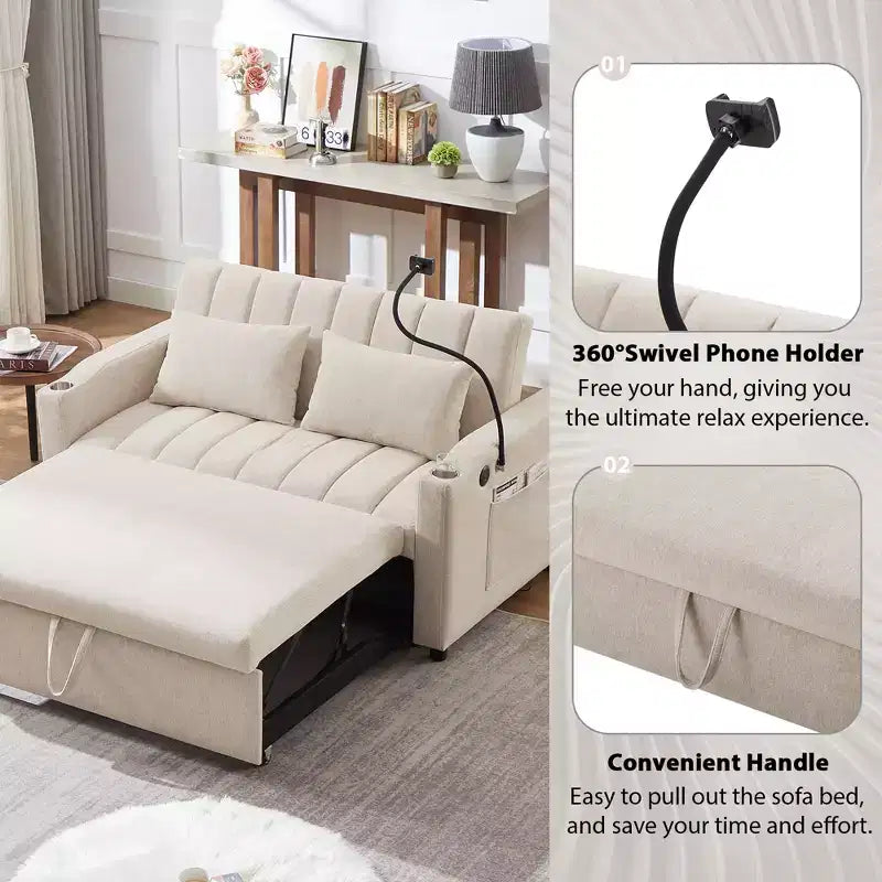 Divano Letto Estraibile con Schienale Regolabile, Chaise Longue Biposto con Porte USB e Portabicchieri