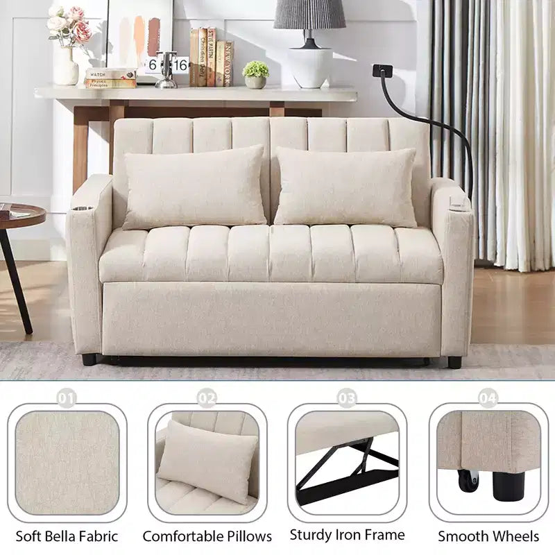 Divano Letto Estraibile con Schienale Regolabile, Chaise Longue Biposto con Porte USB e Portabicchieri