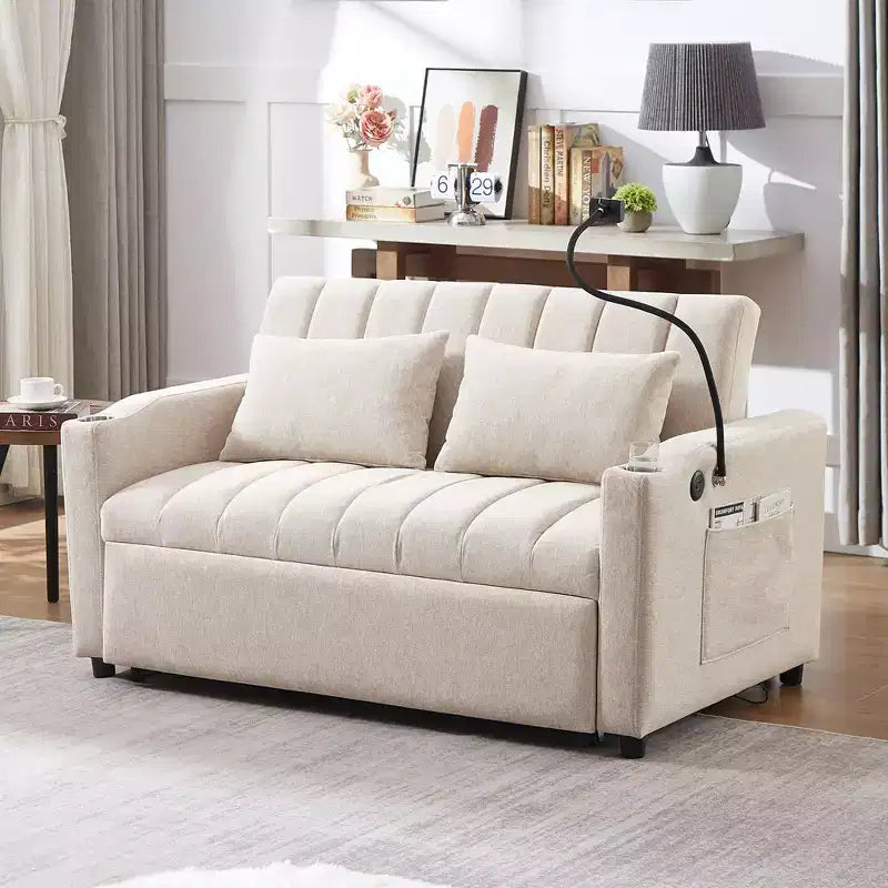 Divano Letto Estraibile con Schienale Regolabile, Chaise Longue Biposto con Porte USB e Portabicchieri