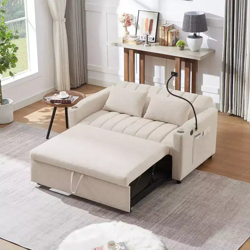 Divano Letto Estraibile con Schienale Regolabile, Chaise Longue Biposto con Porte USB e Portabicchieri
