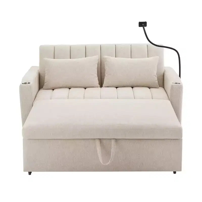 Divano Letto Estraibile con Schienale Regolabile, Chaise Longue Biposto con Porte USB e Portabicchieri