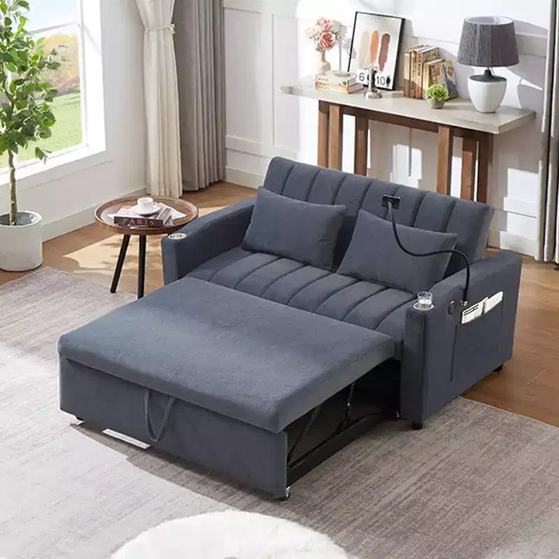 Divano Letto Estraibile con Schienale Regolabile, Chaise Longue Biposto con Porte USB e Portabicchieri