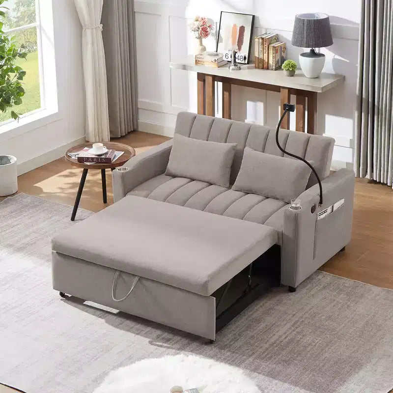 Divano Letto Estraibile con Schienale Regolabile, Chaise Longue Biposto con Porte USB e Portabicchieri