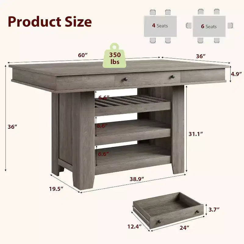 Tavolo da pranzo alto 60 cm con porta-bibite e ripiani, tavolo da bar alto da cucina in stile rustico, tavolo rettangolare alto per sala da pranzo o bar di casa