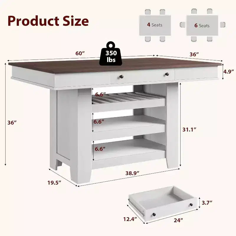 Tavolo da pranzo alto 60 cm con porta-bibite e ripiani, tavolo da bar alto da cucina in stile rustico, tavolo rettangolare alto per sala da pranzo o bar di casa