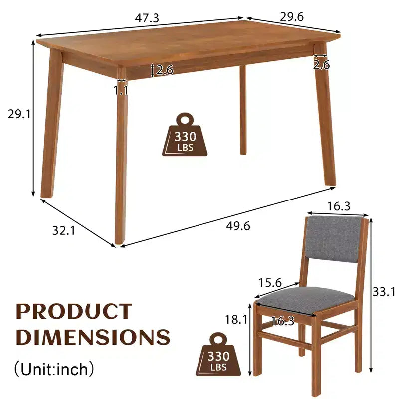 Set da pranzo compatto per 4 persone, 5 pezzi, in legno retrò, tavolo rettangolare con 4 sedie imbottite