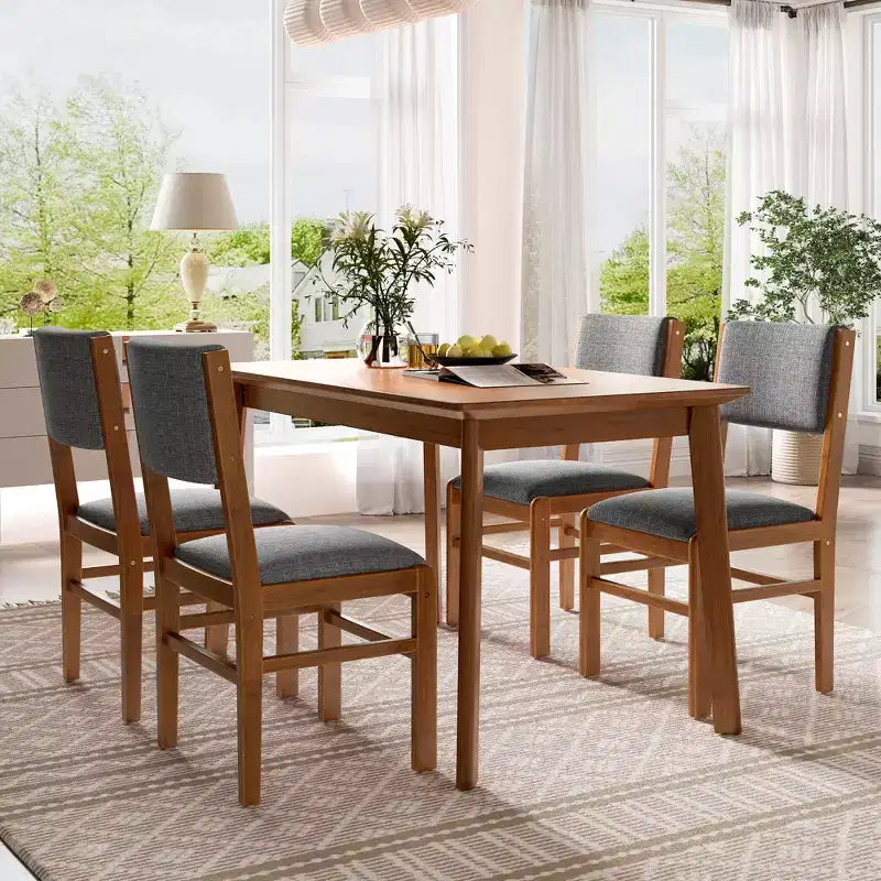 Set da pranzo compatto per 4 persone, 5 pezzi, in legno retrò, tavolo rettangolare con 4 sedie imbottite