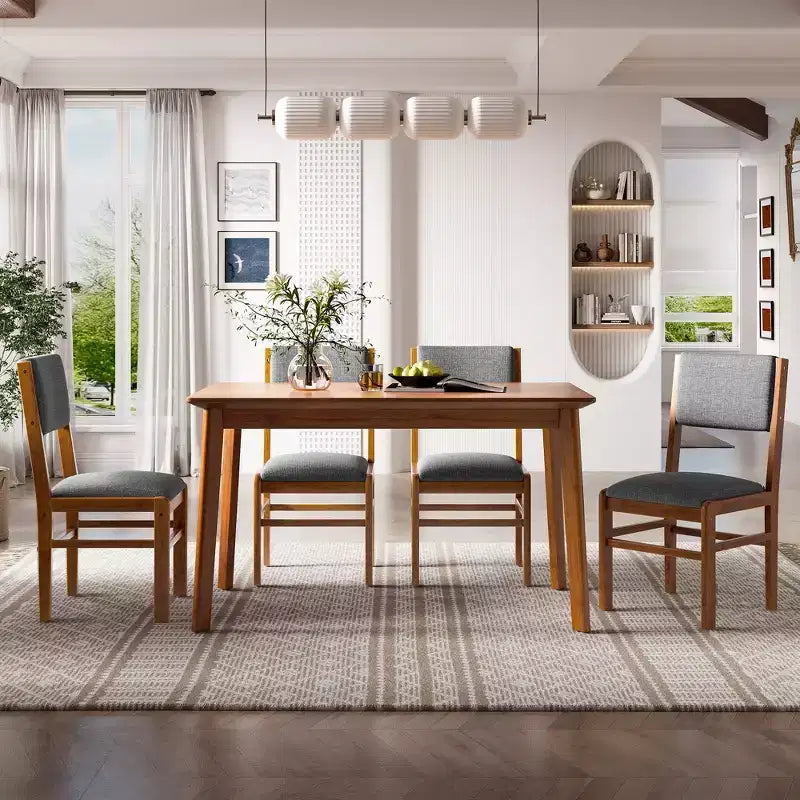 Set da pranzo compatto per 4 persone, 5 pezzi, in legno retrò, tavolo rettangolare con 4 sedie imbottite