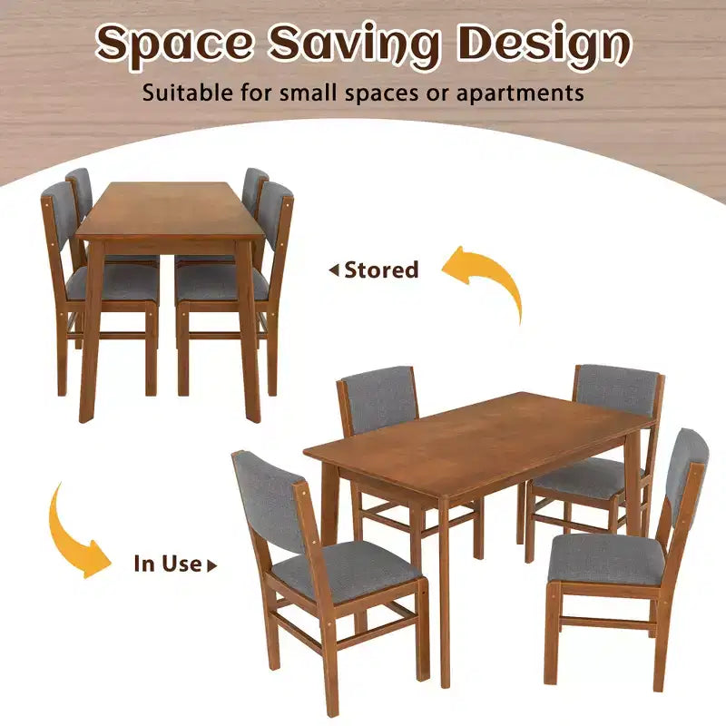 Set da pranzo compatto per 4 persone, 5 pezzi, in legno retrò, tavolo rettangolare con 4 sedie imbottite