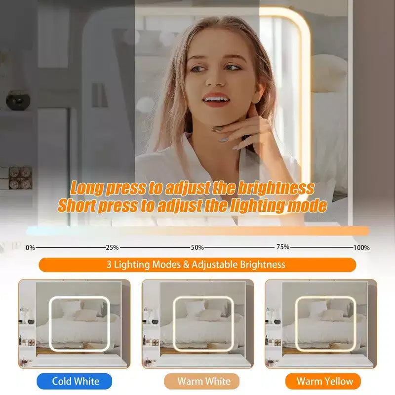 Set da trucco con presa elettrica, cassettiera a 4 cassetti con specchio scorrevole, cassettiera da camera da letto con sgabello, illuminazione a 3 colori