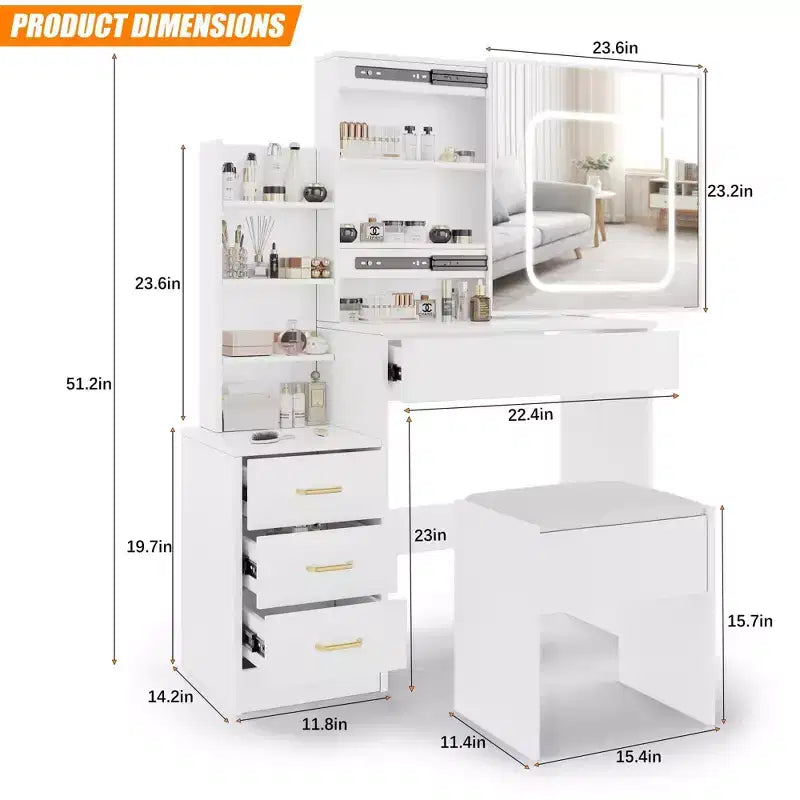 Set da trucco con presa elettrica, cassettiera a 4 cassetti con specchio scorrevole, cassettiera da camera da letto con sgabello, illuminazione a 3 colori