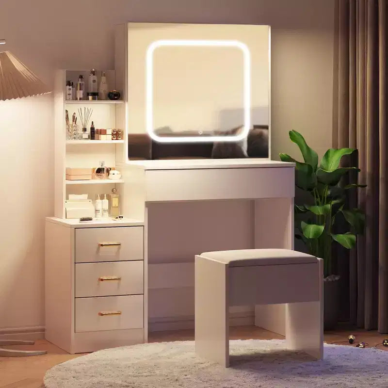 Set da trucco con presa elettrica, cassettiera a 4 cassetti con specchio scorrevole, cassettiera da camera da letto con sgabello, illuminazione a 3 colori