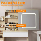 Set da trucco con presa elettrica, cassettiera a 4 cassetti con specchio scorrevole, cassettiera da camera da letto con sgabello, illuminazione a 3 colori