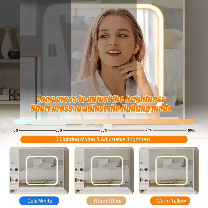 Set da trucco con presa elettrica, cassettiera a 4 cassetti con specchio scorrevole, cassettiera da camera da letto con sgabello, illuminazione a 3 colori