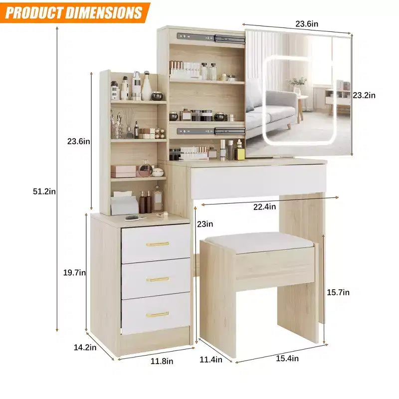 Set da trucco con presa elettrica, cassettiera a 4 cassetti con specchio scorrevole, cassettiera da camera da letto con sgabello, illuminazione a 3 colori