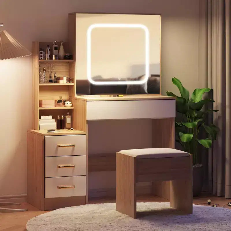 Set da trucco con presa elettrica, cassettiera a 4 cassetti con specchio scorrevole, cassettiera da camera da letto con sgabello, illuminazione a 3 colori