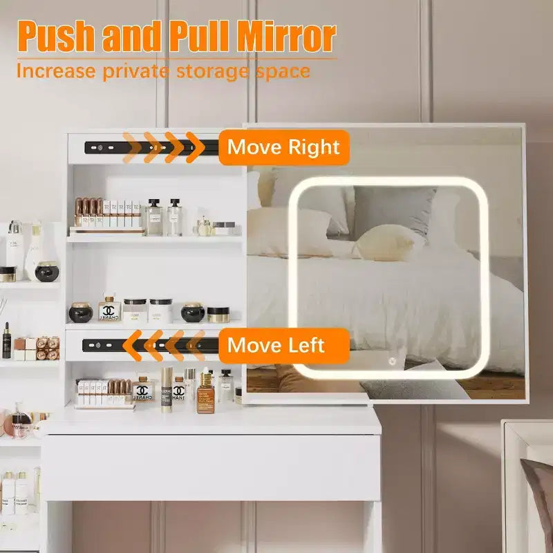 Set da trucco con presa elettrica, cassettiera a 4 cassetti con specchio scorrevole, cassettiera da camera da letto con sgabello, illuminazione a 3 colori