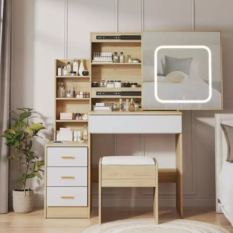 GustoWave Vanity Set with Electrical Outlet 4 Drawer Storage Cabinet Dresser with Sliding Mirror Bedroom Dresser with Stool, 3 Color Lighting