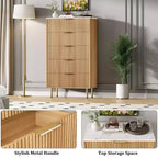 Comò alto in legno con scanalature, 5 cassetti e maniglie dorate per camera da letto, soggiorno, corridoio, ingresso