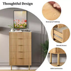 Comò alto in legno con scanalature, 5 cassetti e maniglie dorate per camera da letto, soggiorno, corridoio, ingresso