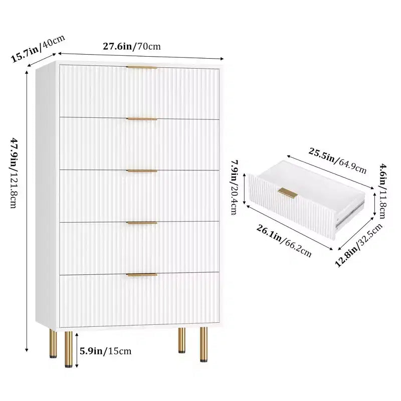 Comò alto in legno con scanalature, 5 cassetti e maniglie dorate per camera da letto, soggiorno, corridoio, ingresso
