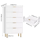 Comò alto in legno con scanalature, 5 cassetti e maniglie dorate per camera da letto, soggiorno, corridoio, ingresso