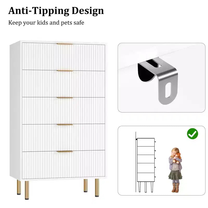 Comò alto in legno con scanalature, 5 cassetti e maniglie dorate per camera da letto, soggiorno, corridoio, ingresso