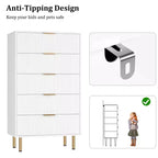 Comò alto in legno con scanalature, 5 cassetti e maniglie dorate per camera da letto, soggiorno, corridoio, ingresso