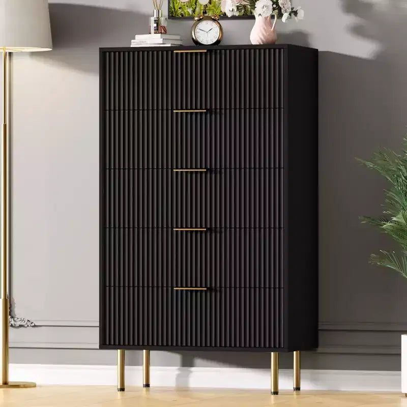 Wood Tall Fluted Dresser 5 Drawers with Gold Handle for Bedroom, Living Room, Hallway, Entryway