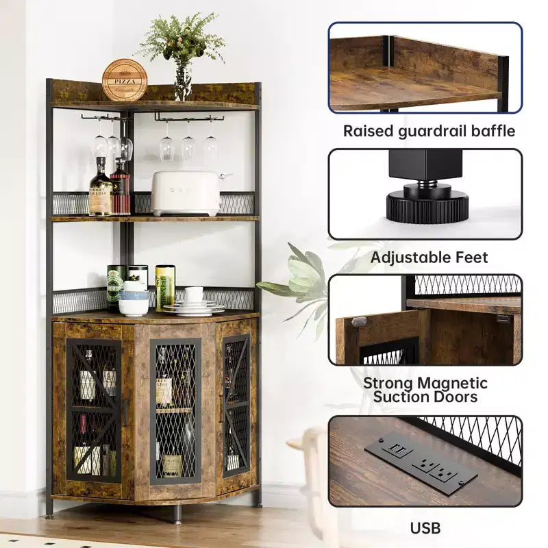 Mobile angolare TROPOW con presa di corrente e luce LED, mobile bar per caffè per bar di casa, mobile per liquori a 5 ripiani per casa, soggiorno, cucina