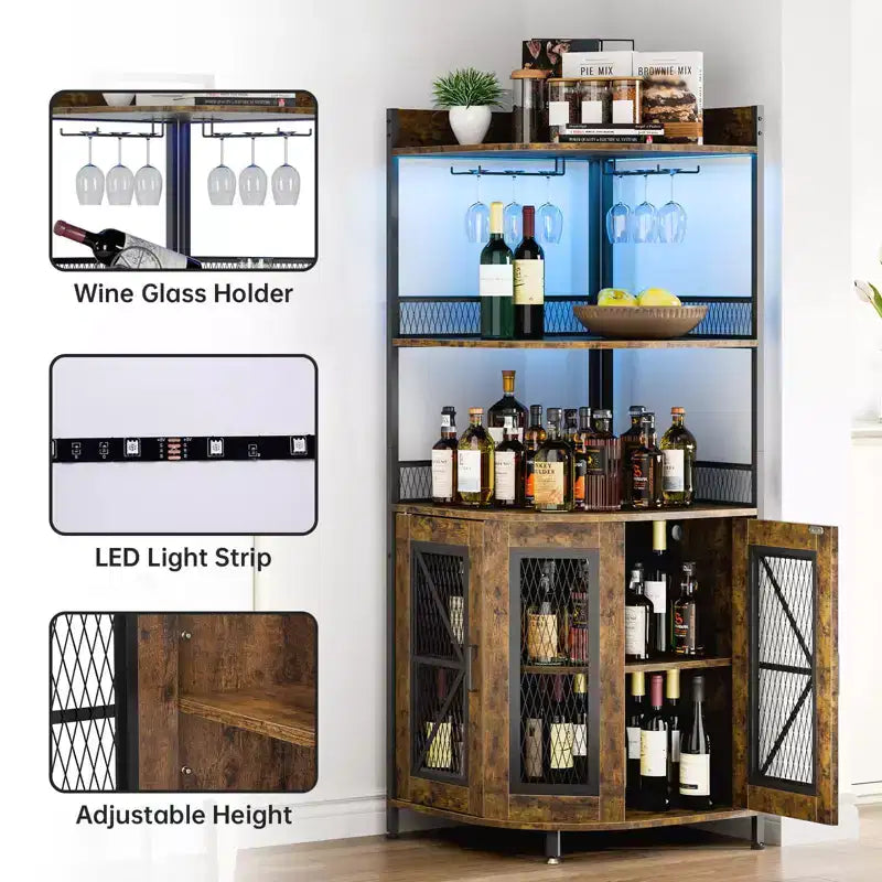 Mobile angolare TROPOW con presa di corrente e luce LED, mobile bar per caffè per bar di casa, mobile per liquori a 5 ripiani per casa, soggiorno, cucina