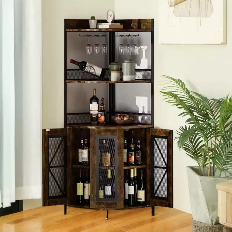 Mobile angolare TROPOW con presa di corrente e luce LED, mobile bar per caffè per bar di casa, mobile per liquori a 5 ripiani per casa, soggiorno, cucina