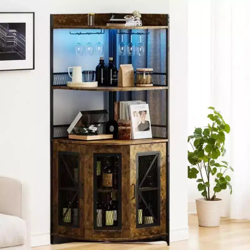 Mobile angolare TROPOW con presa di corrente e luce LED, mobile bar per caffè per bar di casa, mobile per liquori a 5 ripiani per casa, soggiorno, cucina