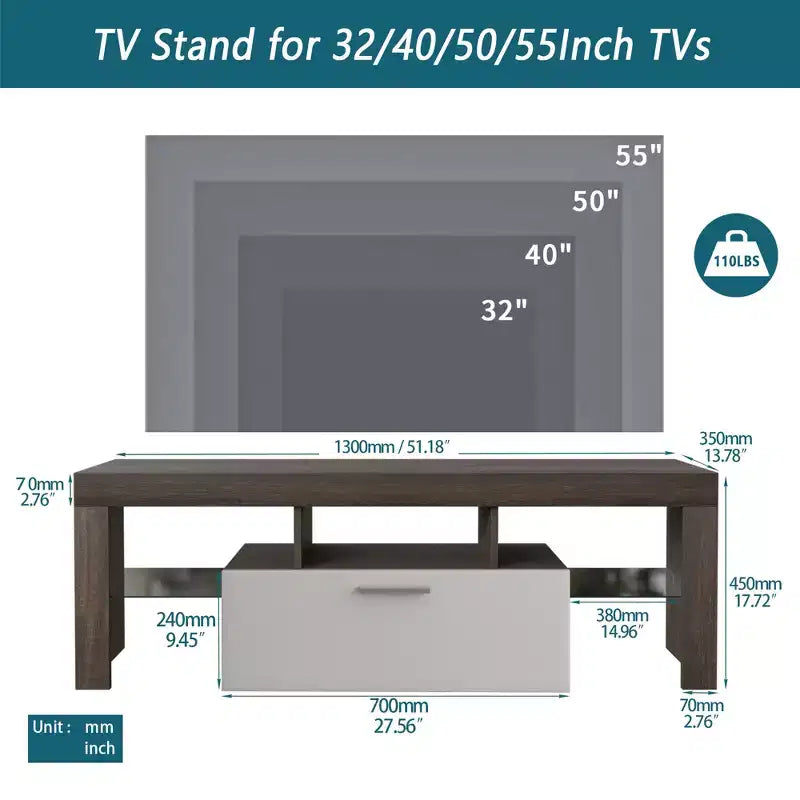 Mobile porta TV moderno da 51 con contenitore e ripiano in vetro