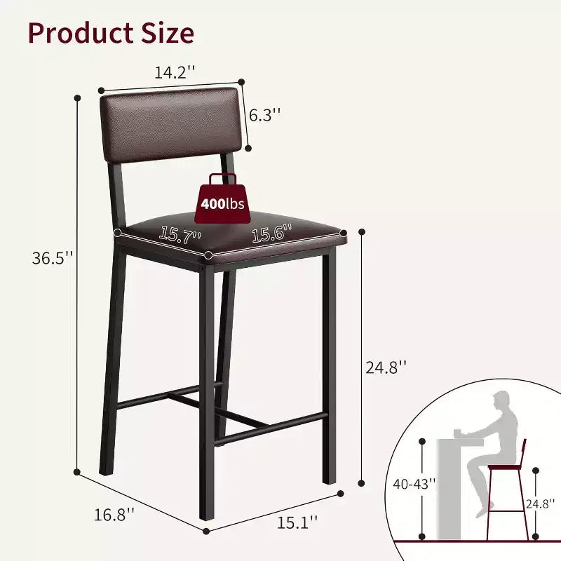 Set di 2 sgabelli da bar, sgabelli da bancone con schienale, in pelle PU imbottita e spesse gambe in metallo, sedie per isola cucina