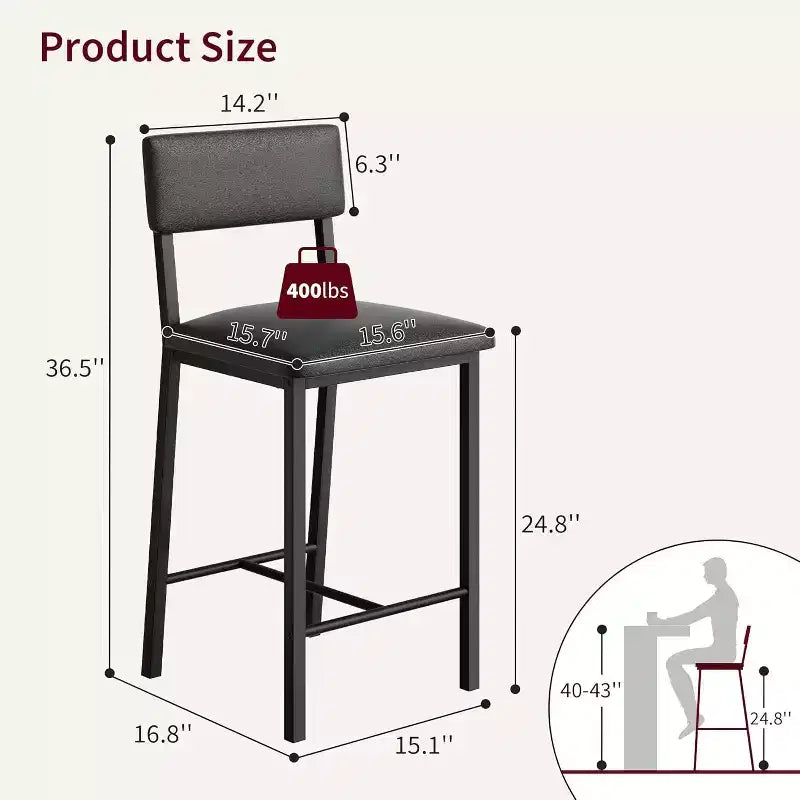 Set di 2 sgabelli da bar, sgabelli da bancone con schienale, in pelle PU imbottita e spesse gambe in metallo, sedie per isola cucina