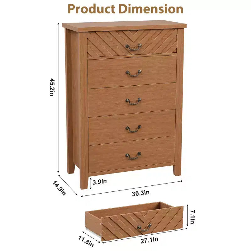 Cassettiera a 5 cassetti per camera da letto, comodino a 5 cassetti marrone con elegante design a V, organizer in legno per soggiorno, cameretta dei bambini