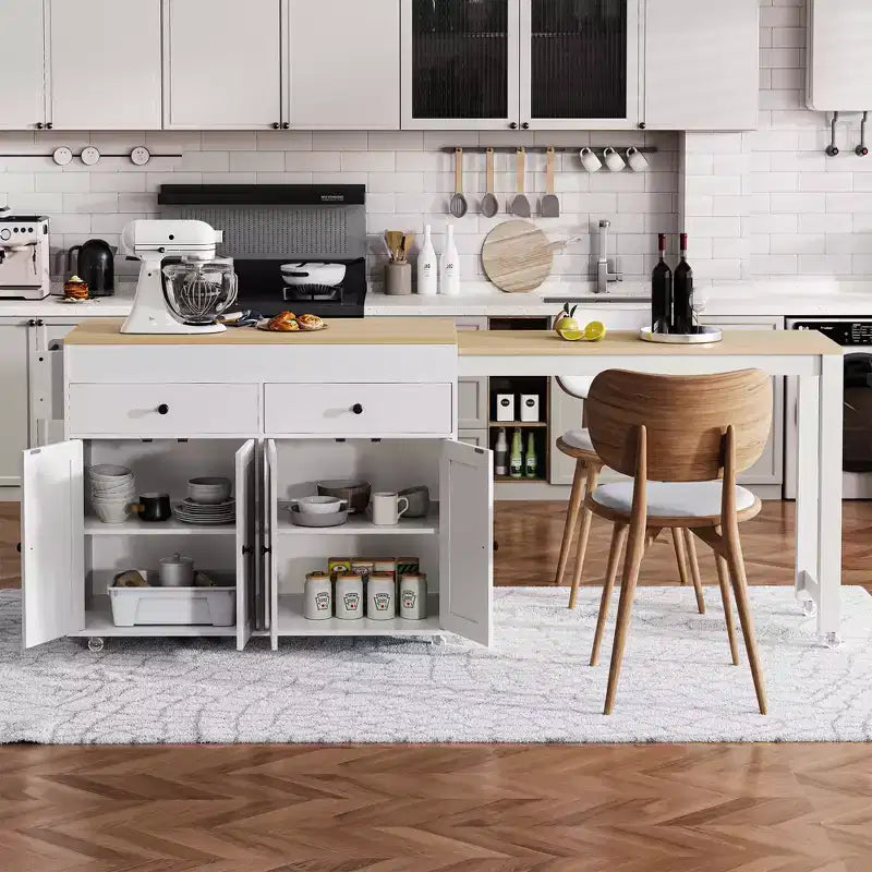 75 Isola da Cucina con Tavolo da Pranzo Estensibile, Isola da Cucina Mobile su Ruote con Porta Spezie e 2 Cassetti, Armadietto a 4 Ante